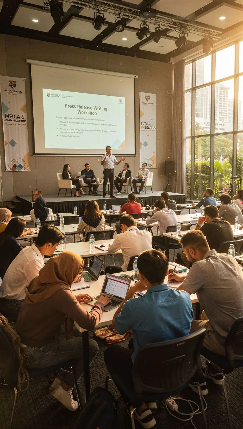 An engaging public relations event with attendees networking and discussing brand reputation enhancement.