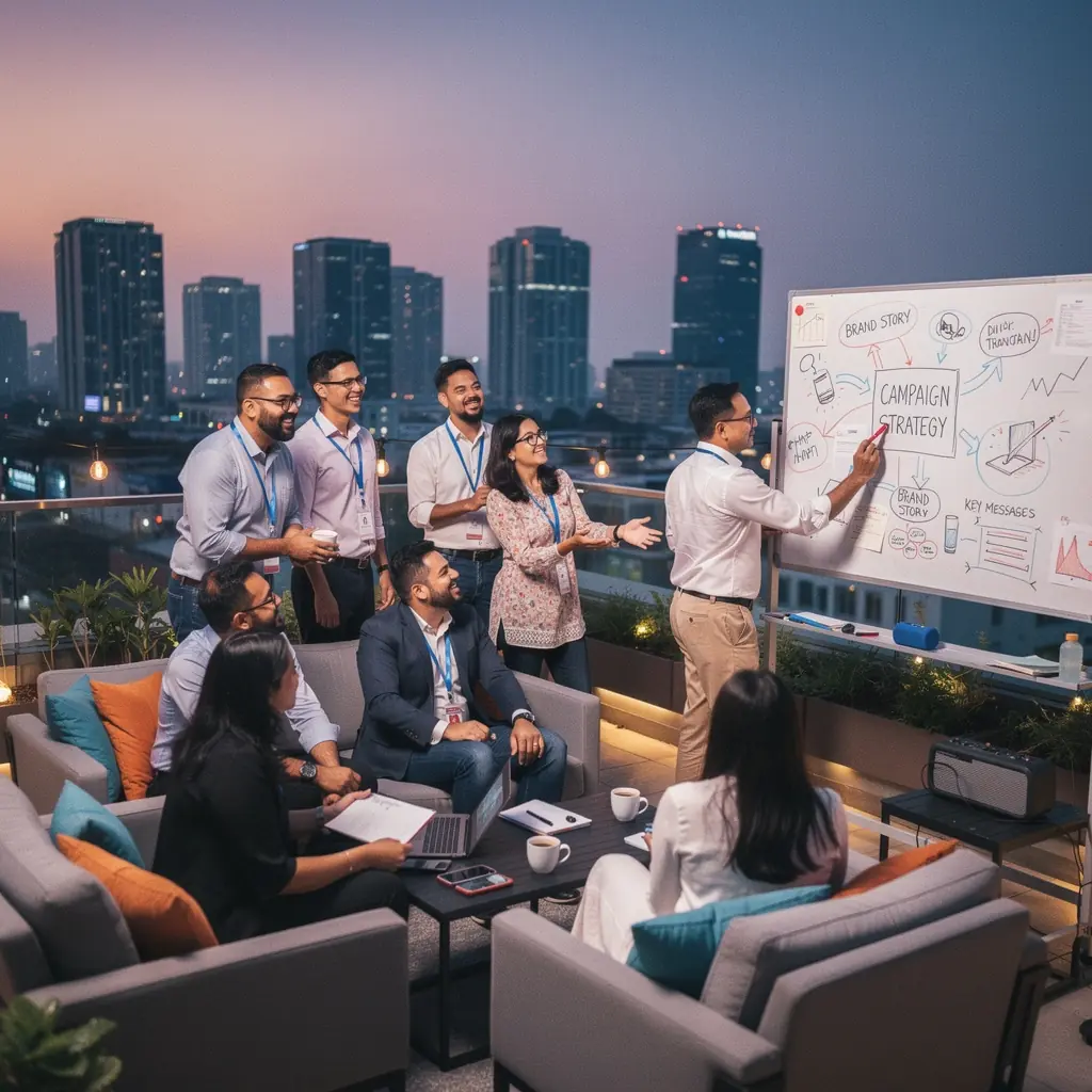 A public relations expert giving a presentation on effective communication strategies to a group of business leaders.