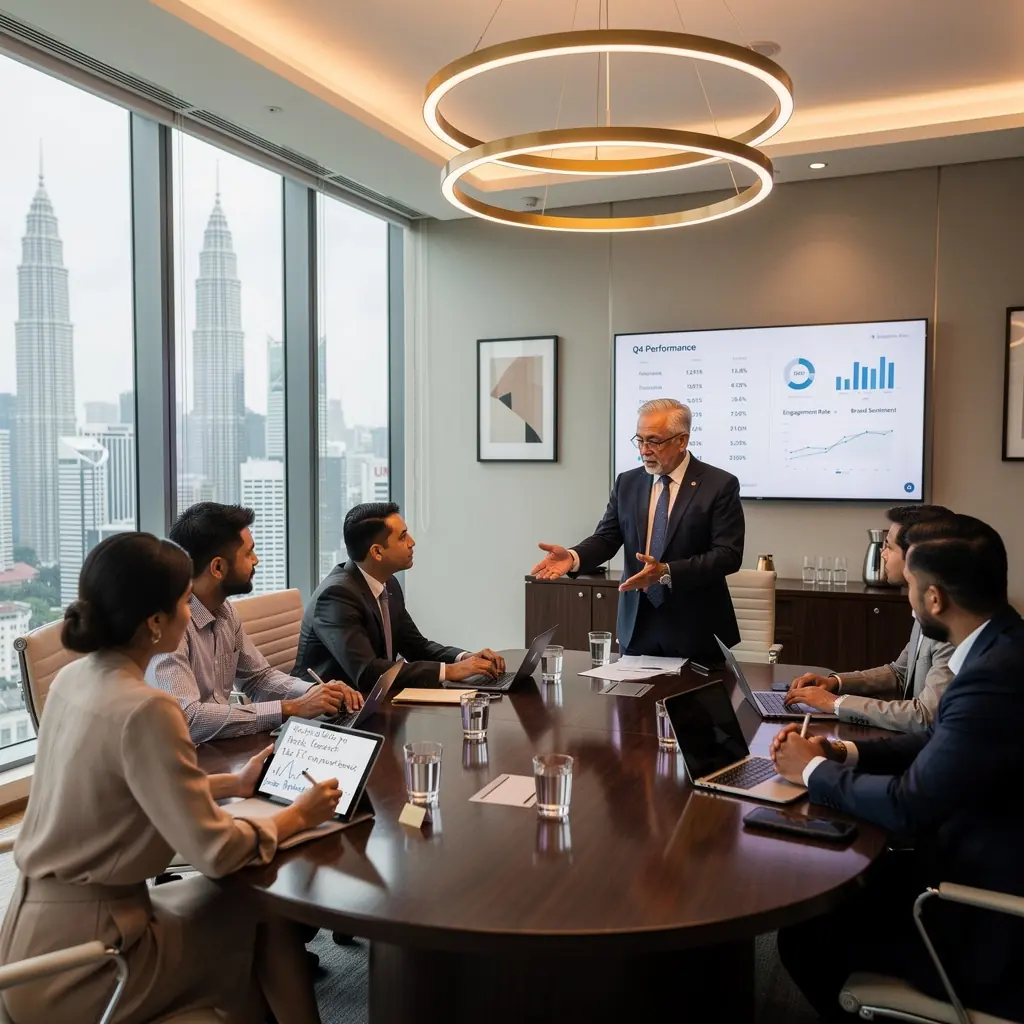 A team brainstorming session with sticky notes and charts, illustrating the development of a media campaign.