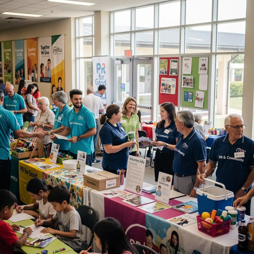 A diverse team of public relations professionals collaborating on a media outreach strategy in a modern office.